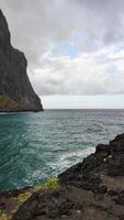 Seaside view with ocean waves crashing against rocky cliffs in Madeira, Portugal photo