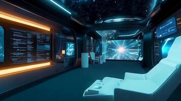 Luxurious Starship Interior with Galaxy and Cosmic Views Through Windows, Showcasing High-Tech Control Room in Deep Space, Blending Futuristic Aesthetics with Advanced Space Travel Ambience video