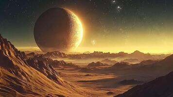 futuristisch Außerirdischer Stadtbild mit schattig Türme unter ein kosmisch Sonnenuntergang, präsentieren ein faszinierend Mischung von Sci-Fi und Fantasie im ein unbekannt Welt. video