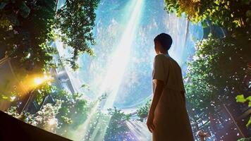 Person Standing Under Futuristic Dome with Lush Greenery and Sunlight Beams, Symbolizing Harmony Between Nature and Technology in a Sci-Fi Inspired Utopian Environment video