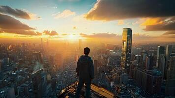 Man Standing on Rooftop Overlooking Cityscape at Sunset, Capturing the Vast Urban Skyline and Inspiring Scene of Solitude, Adventure, and Freedom in a Modern Metropolis at Golden Hour video