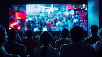 Enthralled audience in a modern cinema watching a movie on a massive screen, creating an immersive visual experience in a dimly lit theater room. video