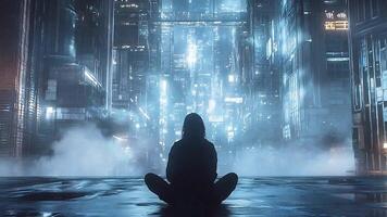 solitário figura medita no meio futurista iluminado por neon paisagem urbana, Misturando calma com uma cyberpunk urbano atmosfera dentro uma enevoado, alta tecnologia metrópole. video