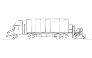 Continuous one line drawing of forklift loading goods into container truck, logistics, transportation and warehousing concept, single line art. vector