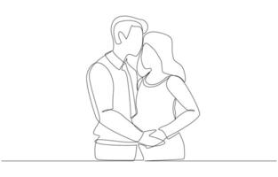 Continuous one line drawing of father hugging pregnant mother warmly, single line art. vector