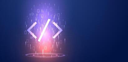 Abstract code binary number with glowing light. Digital data and software development background. vector