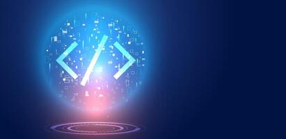Abstract code binary number with glowing light. Digital data and software development background. vector