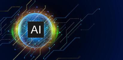Artificial intelligence logo. AI icon in futuristic globe and circuit board quantum technology background. vector