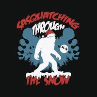 Sasquatching Through The Snow - Footprint Of Bigfoot Sasquatch Christmas T-Shirt Design. vector