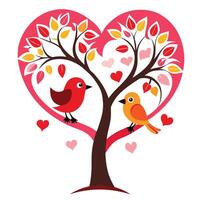 two birds are sitting on a tree with hearts white background vector