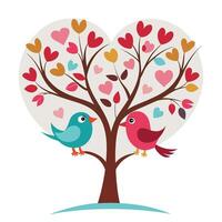 two birds sitting on a tree with hearts vector