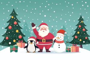 Santa claus with snowman and penguin in snow field with christmas trees vector
