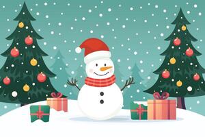Snowman in snow field with christmas trees vector