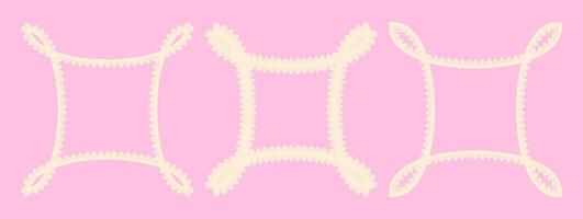 Three decorative frames on pink background. Intricate lace-like pattern on edges. Symmetrical and delicate design. Feminine and romantic aesthetic. Vintage-inspired with soft elegance. vector
