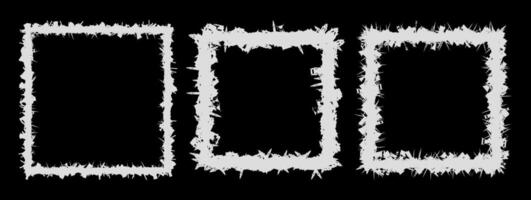 Set of three white square frames. Distorted and jagged edges. Grunge or distressed appearance. Digital glitch effect. Raw and edgy aesthetic. For graphic design and digital art, posters, social media. vector