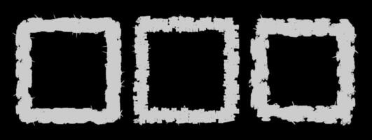 Set of three white rectangular frames or border. Distressed, grunge-style edges. Rough, textured appearance. Worn and weathered aesthetic. Raw and edgy visual effect. vector
