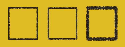 Square frame designs. Unique decorative borders in black. Textured, intricate, and bold styling. Minimalist to decorative aesthetic. Decorative and visually dynamic. Suitable for text or image framing vector