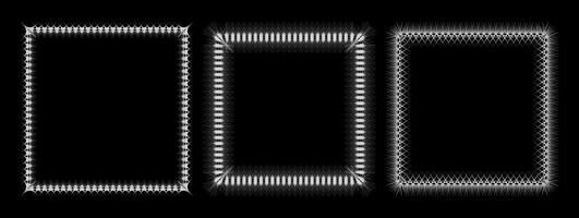 Three decorative gray frames on black background. Each frame has unique, intricate design. Thorn or web like appearance. Grunge, edgy and raw aesthetics for your graphic design projects. vector