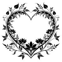 a black and white heart with flowers and leaves vector
