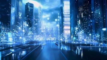 Surreal Futuristic Cityscape in Blue with Cyberpunk Neon Lights and Skyscrapers, Depicting a High-Tech Urban Metropolis of the Future in a Sci-Fi Nighttime Setting video