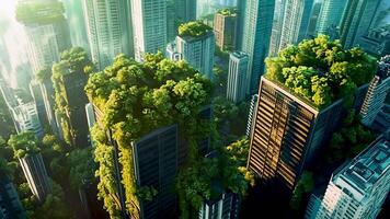 A deserted futuristic city where plants and trees grow freely on buildings, blending urban decay with nature's revival. A post-apocalyptic vision of eco-reclamation and green architecture. video