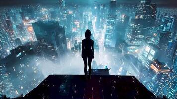 Silhouette of Woman Overlooking Neon Cyberpunk Cityscape at Night, High-Tech Futuristic Skyline with Glowing Skyscrapers, Creating a Sci-Fi Urban Atmosphere of Mystery and Exploration video