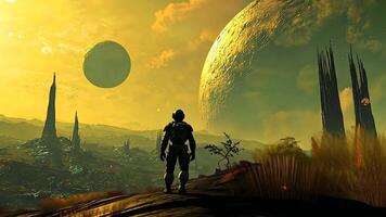 Astronaut Exploring Alien Planet with Two Massive Moons and Surreal Landscape, a Sci-Fi Scene of Otherworldly Adventure, Space Exploration, and Cosmic Mystery on a Futuristic World video