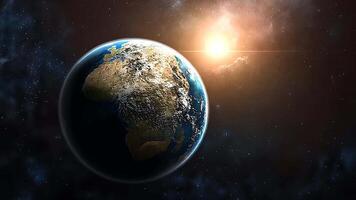 Beautiful Earth Sunrise from Outer Space, Showcasing Sun Rays and Planetary Atmosphere in a Solar System Setting, Earth in Orbit with Glowing Sun in the Background video