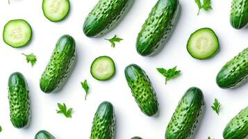 A collection of fresh cucumbers, both whole and sliced, are beautifully arranged on a clean white background, enhanced by scattered parsley leaves for added freshness photo