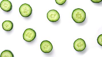 Circular slices of fresh cucumbers are artistically scattered across a pristine white background, highlighting their crisp texture and rich green color photo