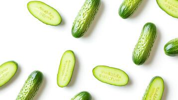 Crisp green cucumbers are artistically arranged on a bright white background, highlighting their fresh appearance with a contrast of vibrant colors and textures photo