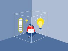 Square symbolizing introvert zone,Woman sitting inside the box, presenting to introvert around herself to get rid of unwanted contacts and protect peace power of mind and energy concept vector
