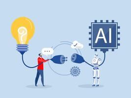 businessman connect plug with lightbulb idea to ai Artificial Intelligence. or processing chip into human brain with Light bulb development innovation concept vector