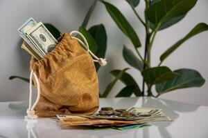 A close-up shot of a brown fabric bag with a drawstring holding cash bills and coins, with green leaves and a white surface in the background photo