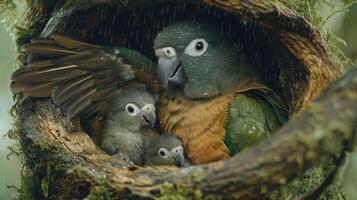 Close-Up of a Green Parrot Family Nestled in a Cozy Nest photo