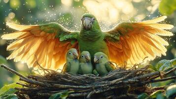 Parrot Family Huddling Under Rain Drops in the Forest photo