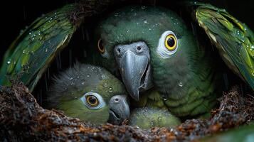 Close-Up of a Green Parrot Family Nestled in a Cozy Nest photo