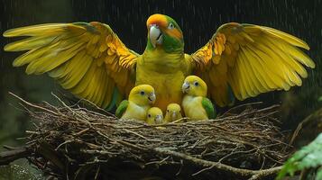 Parrot Family Huddling Under Rain Drops in the Forest photo