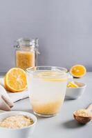 Drink for weight loss rice-zempic in a glass on the table vertical view photo