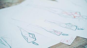 Different stylish sketches of clothes on the sheets of papers lying on the table. A lot of creative works of a fashionable designer painted on papers. video
