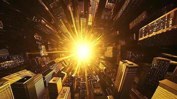 neón metrópoli muy lleno con radiante energía, esclarecedor un futurista horizonte con poderoso dorado rayos de sol efecto, exhibiendo un ciencia ficción urbano explosión a noche video