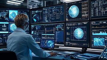 Scientist Analyzing Data on Multiple Monitors in High-Tech Lab, Surrounded by Digital Interfaces Displaying Complex Visuals for Medical and Scientific Research. video