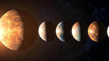 Realistic planetary lineup in the vast cosmos, depicting solar system planets in orbit with starry skies, ideal for educational content on space exploration and astrophysics. video