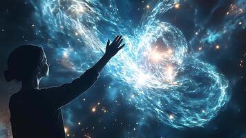 Woman Reaching Toward a Beautiful Spiral Galaxy in Deep Space, Capturing the Essence of Exploration, Wonder, and the Boundless Mysteries of the Cosmos video