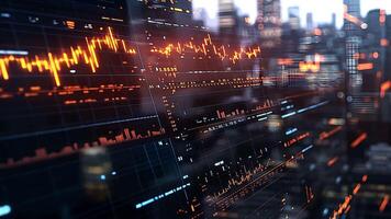 Illuminated Financial Data Graphs on Digital Screen Reflecting Cityscape, Capturing Real-Time Market Trends, Economic Analysis, and Stock Trading in Modern Financial Technology video