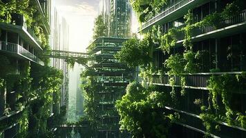 Innovative eco-architecture in a futuristic city with buildings adorned in greenery, blending urban development with nature for a sustainable, green future video