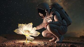Astronaut Discovering a Blooming Flower on an Alien Planet Under the Night Sky, Symbolizing Curiosity, Wonder, and the Connection Between Humanity and Nature video