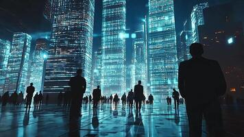lotado futurista paisagem urbana com imponente néon arranha-céus e silhuetas, capturando uma cyberpunk atmosfera com vibrante luzes, digital estruturas, e uma ficção científica estética. video
