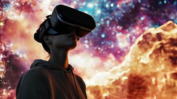 Virtual Reality Journey Woman Engaged in Cosmic Simulation with VR Technology for Futuristic Exploration, Discover the Digital Cosmos video