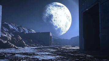 misterioso lunar panorama com futurista estruturas debaixo a brilho do uma cheio lua, representando solidão e exploração dentro uma ficção científica inspirado, estrangeiro meio Ambiente video